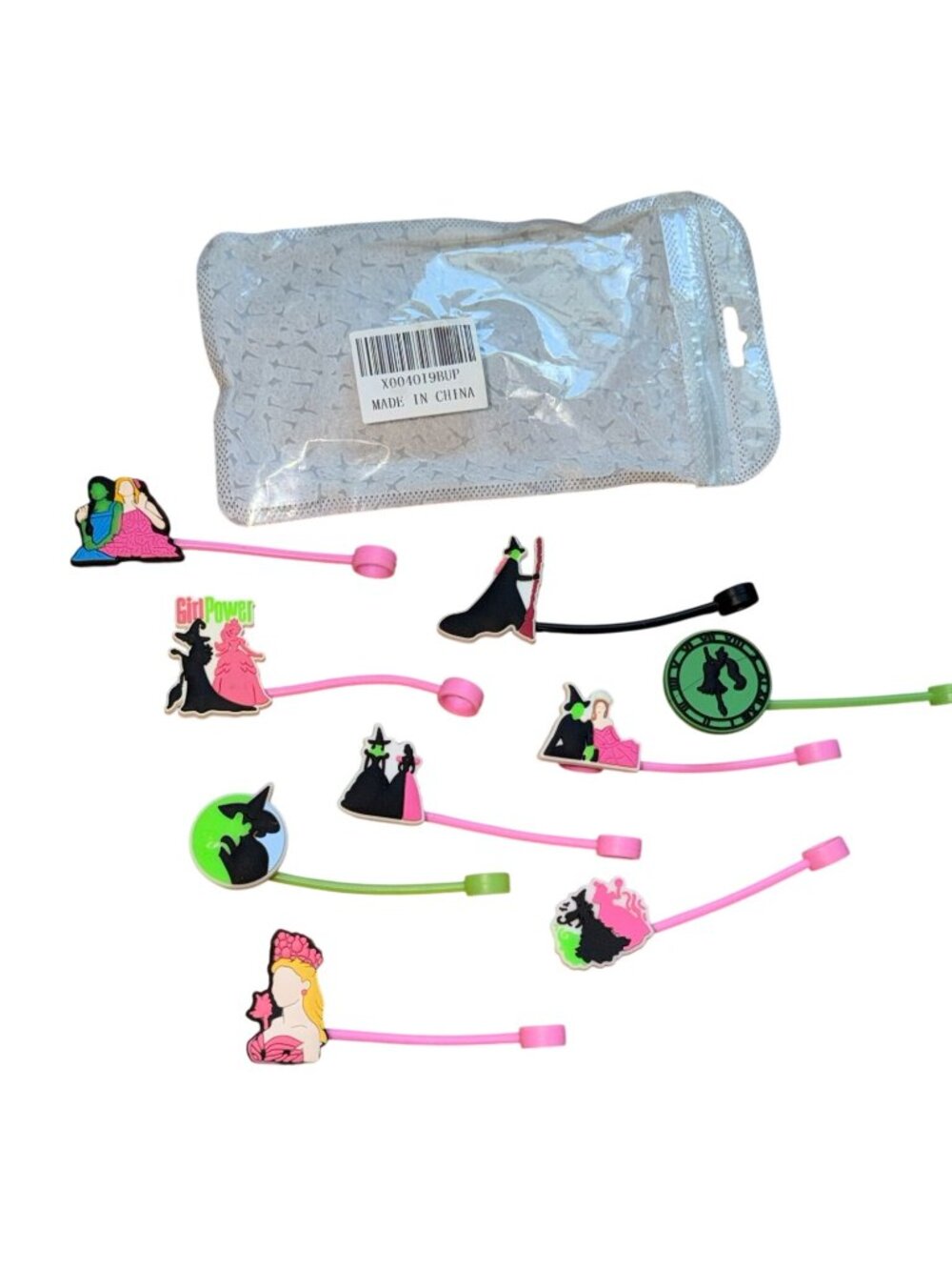 8 Silicone Straw Toppers-Pink and Green Witch Themed-New